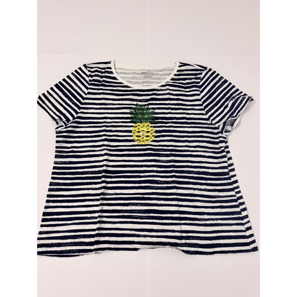 Talbots Navy White Striped Sequin Pineapple Cotton Tee Shirt XL